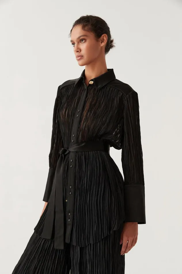 Aerial Oversized Pleated Shirt Black Women Aje Tops Aerial Oversized Pleated Shirt Black Women Aje Tops
