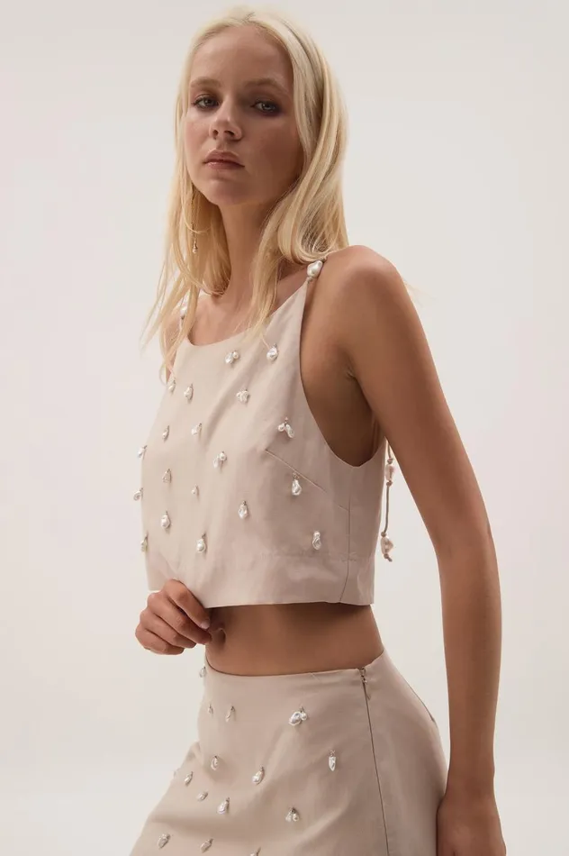 Akoya Crop Top Oatmeal Women Aje Matching Sets