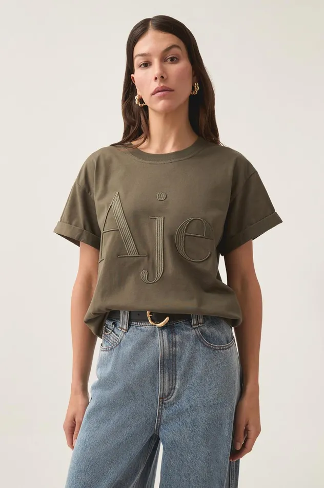 Alice Embroidered Logo Tee Khakikhaki Women Aje Tees Alice Embroidered Logo Tee Khakikhaki Women Aje Tees