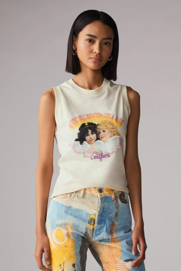 Angels Jeans Logo Vest Top Cream Off White Women Fiorucci Angels Jeans Logo Vest Top Cream Off White Women Fiorucci