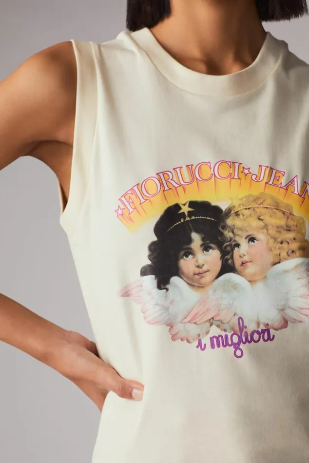 Angels Jeans Logo Vest Top Cream Off White Women Fiorucci Angels Jeans Logo Vest Top Cream Off White Women Fiorucci