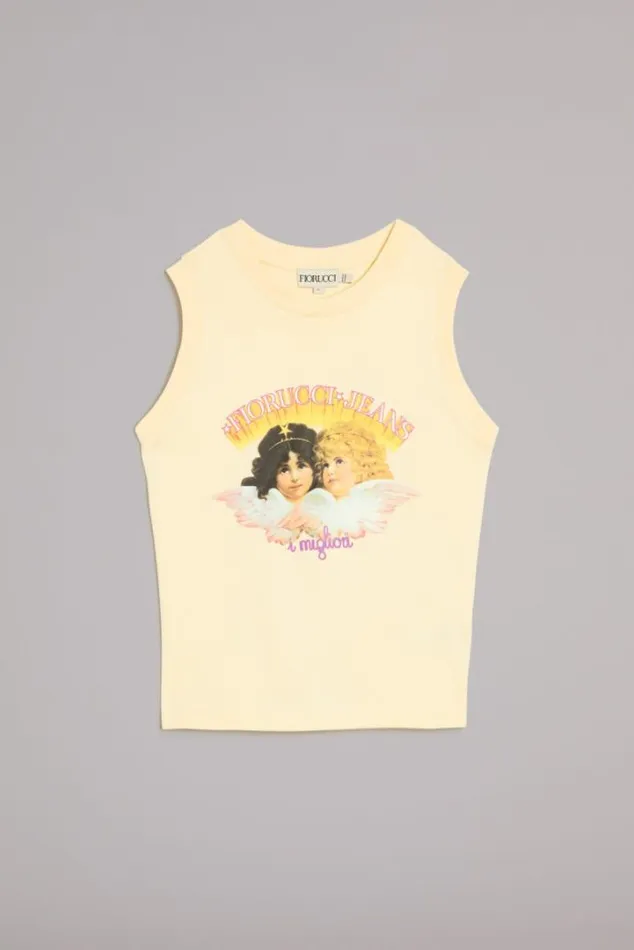 Angels Jeans Logo Vest Top Cream Off White Women Fiorucci Angels Jeans Logo Vest Top Cream Off White Women Fiorucci
