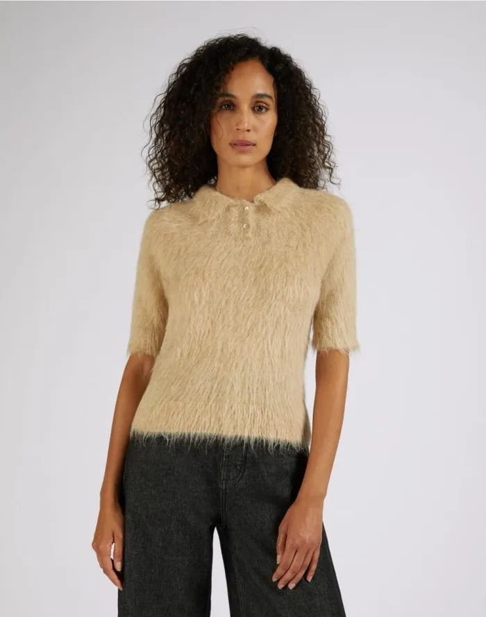 Beige Alpaca Yarn Gauzed Polo Shirt Women Lardini Knitwear