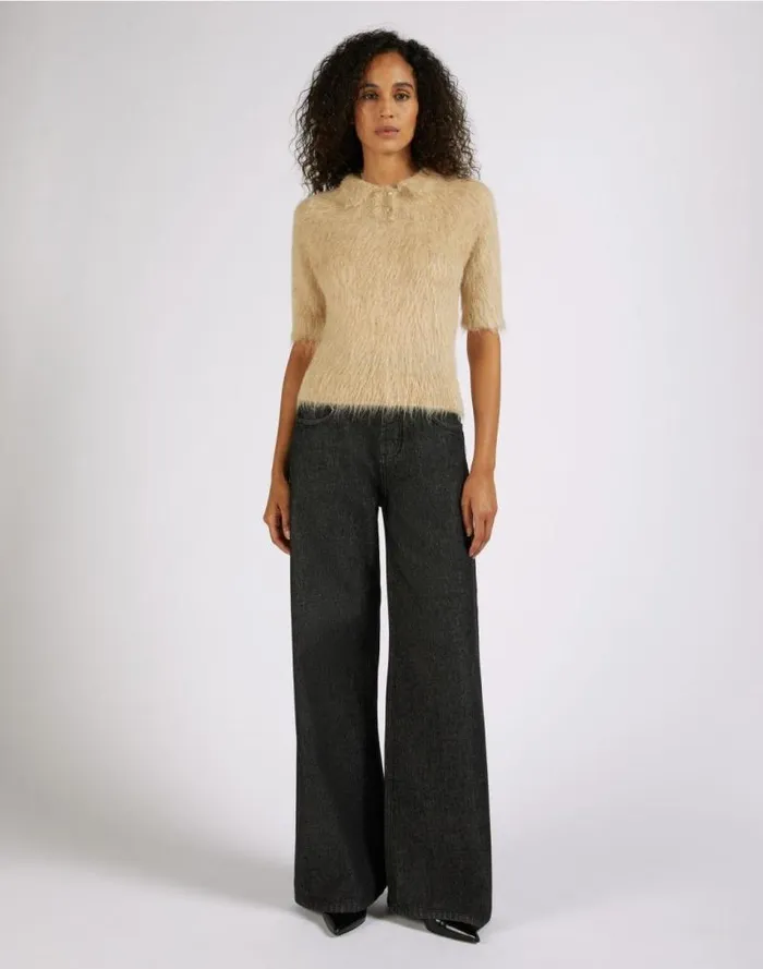 Beige Alpaca Yarn Gauzed Polo Shirt Women Lardini Knitwear