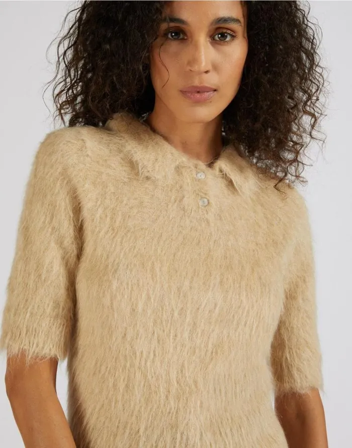 Beige Alpaca Yarn Gauzed Polo Shirt Women Lardini Knitwear