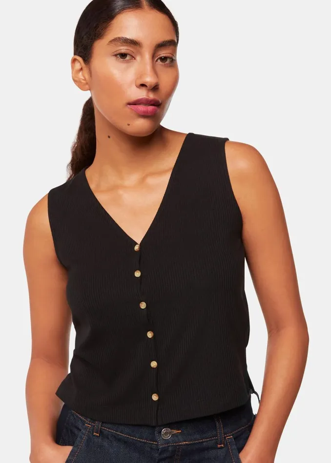 Black Button Front Rib Tank Women Whistles Tops