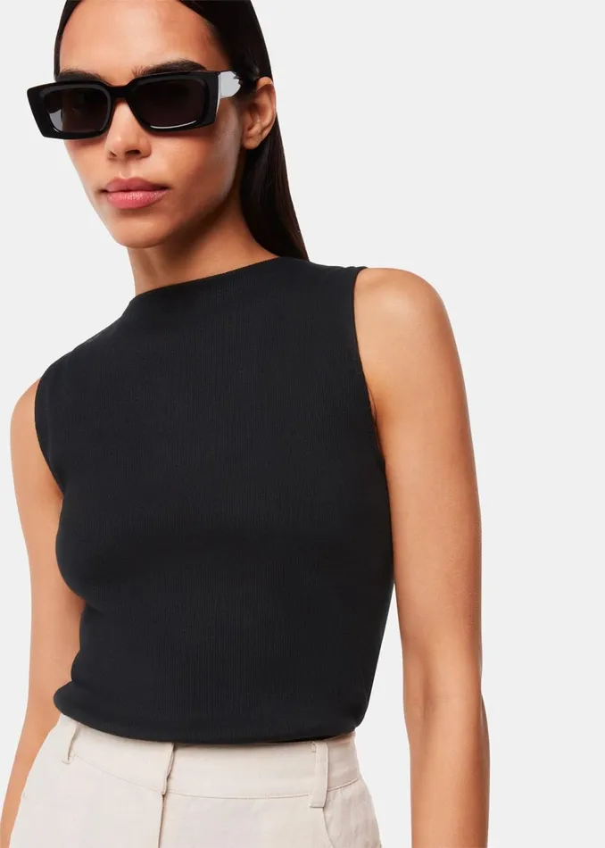 Black High Neck Rib Detail Tee Women Whistles Tops