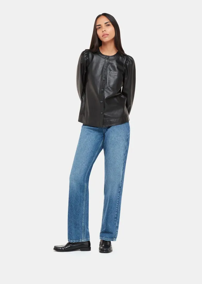 Black Leather Gathered Sleeve Shirt Women Whistles Tops