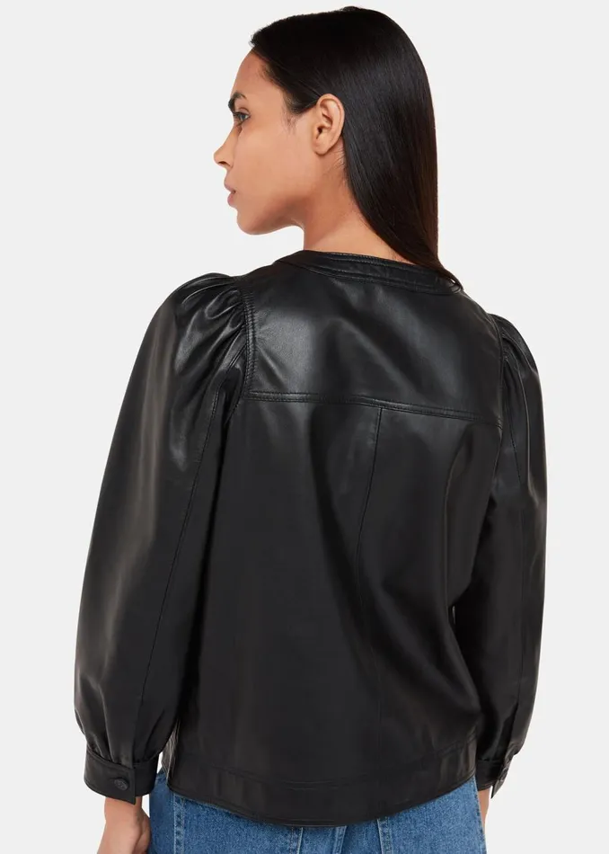 Black Leather Gathered Sleeve Shirt Women Whistles Tops