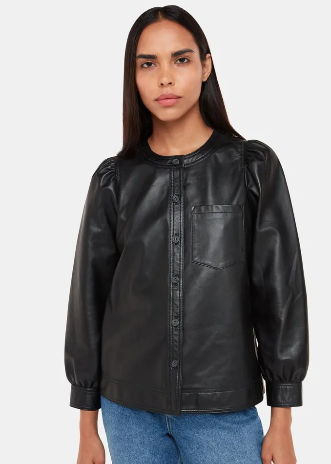 Black Leather Gathered Sleeve Shirt Women Whistles Tops