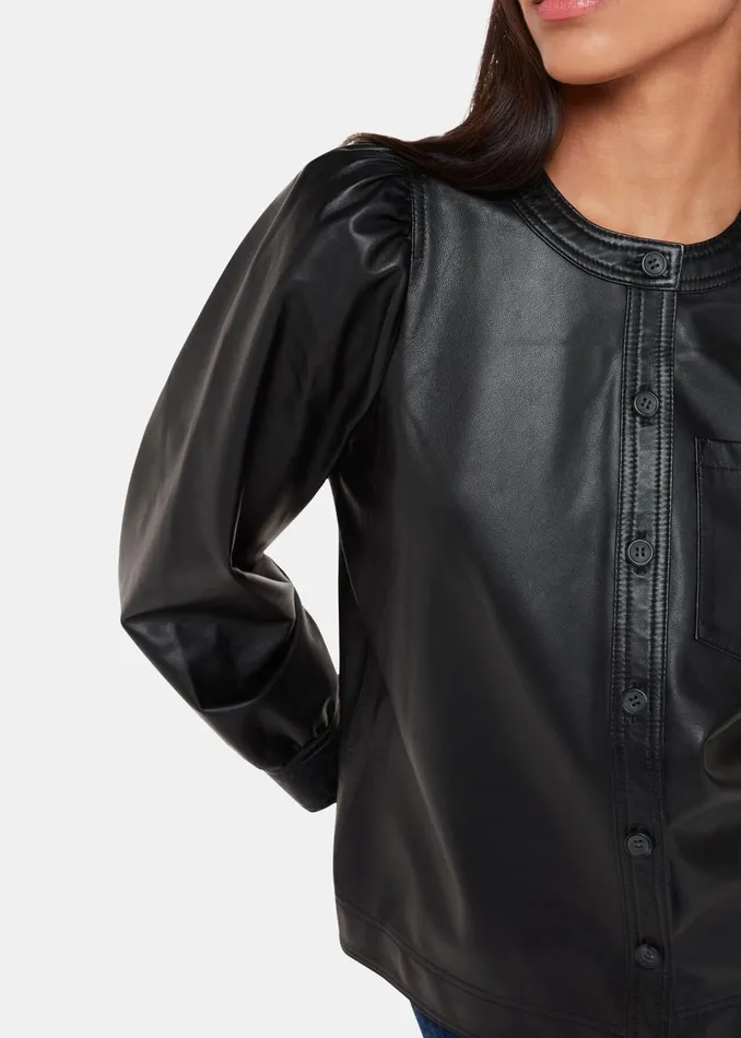 Black Leather Gathered Sleeve Shirt Women Whistles Tops