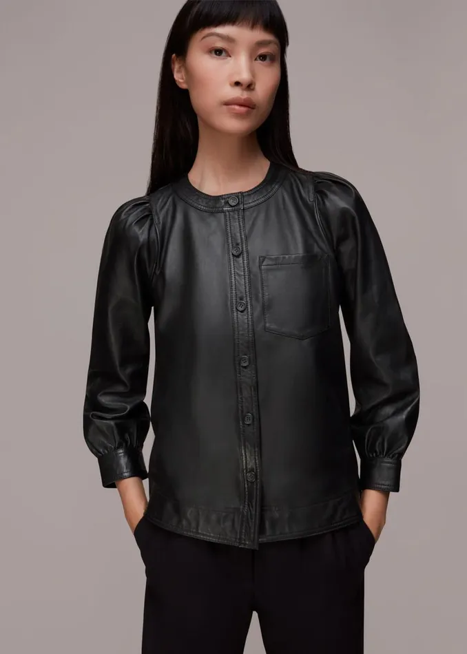 Black Leather Gathered Sleeve Shirt Women Whistles Tops