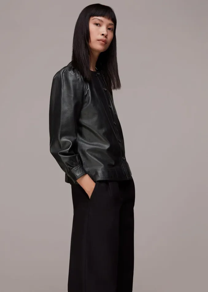 Black Leather Gathered Sleeve Shirt Women Whistles Tops