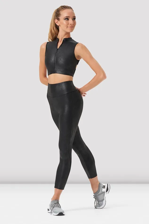 Bloch Tops Adults Ladies Zola Zip Front Leather Look Crop Top Black Leather Look