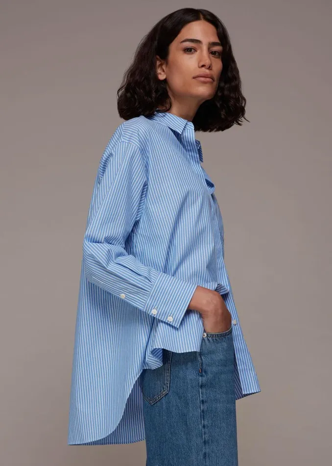 Blue Stripe Oversized Shirt Women Whistles Tops