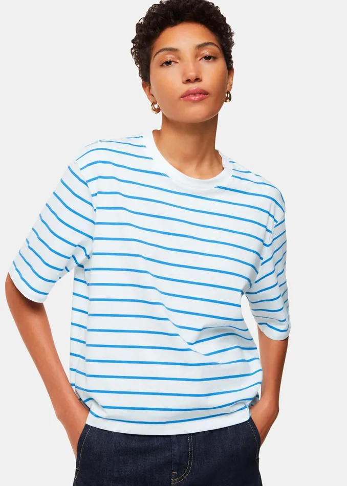 Blue Stripe Short Sleeve Tshirt Women Whistles Tops