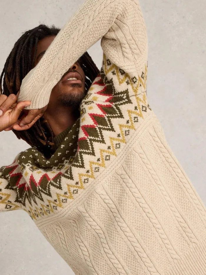Cable Wool Fairisle Crew Neck Natural Multi Men White Stuff Knitwear