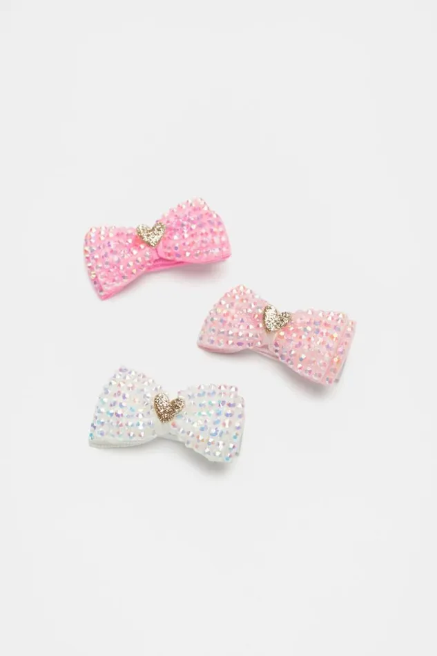 Child Diamante Bow Heart Duck Clip Trio Multi Seed Heritage Hair Accessories