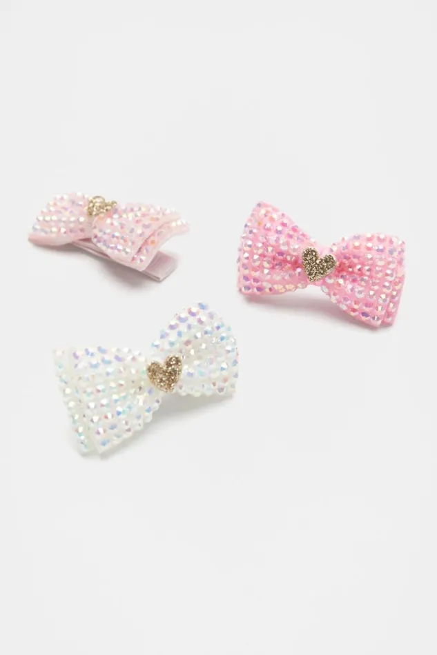 Child Diamante Bow Heart Duck Clip Trio Multi Seed Heritage Hair Accessories