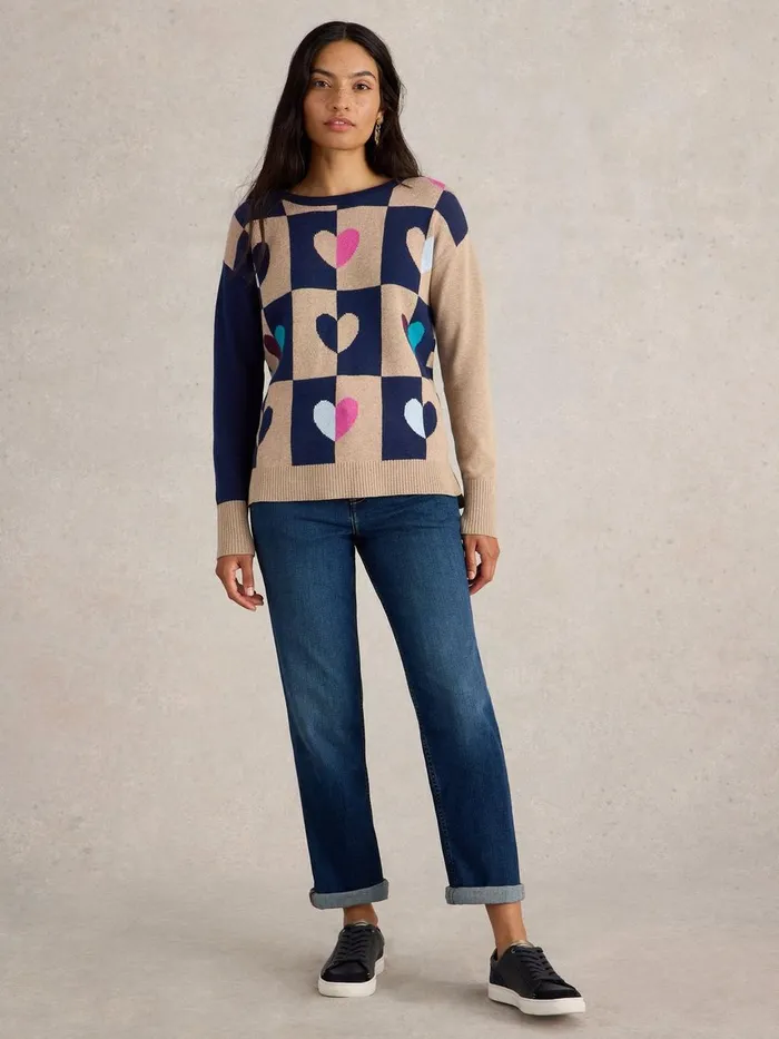 CITY CHECK HEART JUMPER Natural Multi Women White Stuff Knitwear CITY CHECK HEART JUMPER Natural Multi Women White Stuff Knitwear