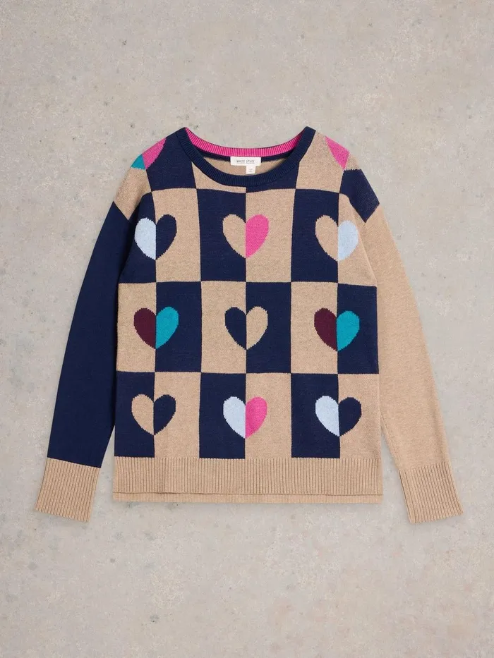 CITY CHECK HEART JUMPER Natural Multi Women White Stuff Knitwear CITY CHECK HEART JUMPER Natural Multi Women White Stuff Knitwear