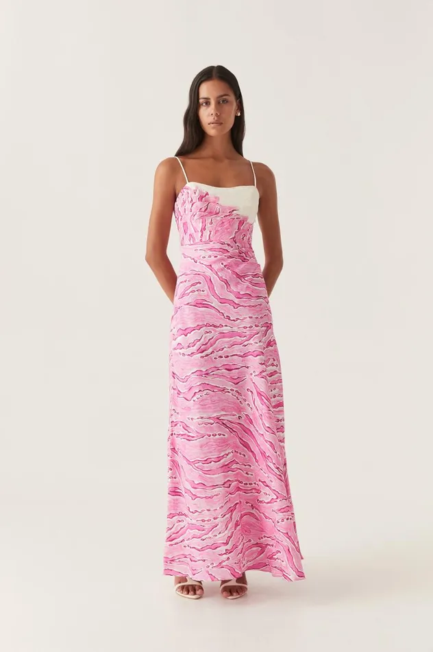 Clarice Draped Maxi Dress Dappled Flame Women Aje Dresses