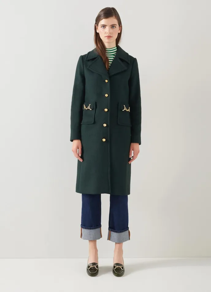 Coats and Jackets Women LKBennett Spencer Green Recycled WoolBlend Snaffle Detail Coat Forest