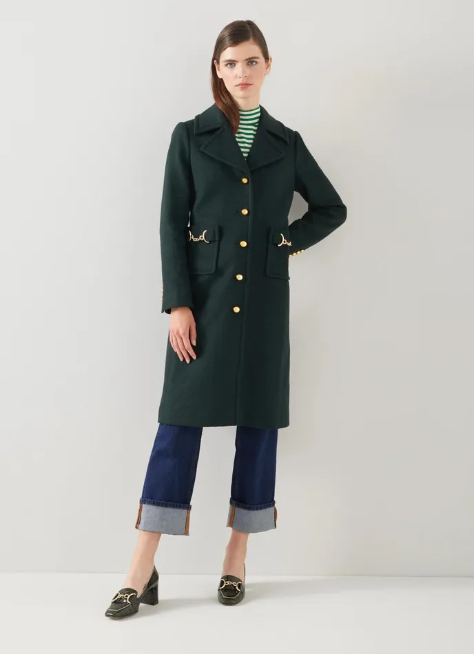 Coats and Jackets Women LKBennett Spencer Green Recycled WoolBlend Snaffle Detail Coat Forest
