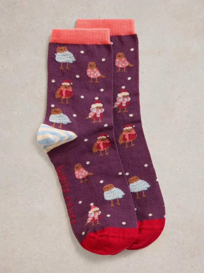 Cosy Robin Sock In A Cracker Plum Multi Women White Stuff Socks