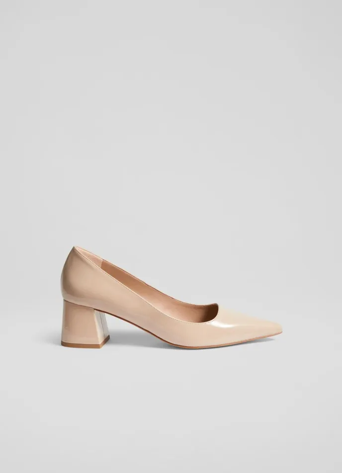 Court Shoes Women LKBennett Sloane Beige Patent Leather Block Heel Courts Trench