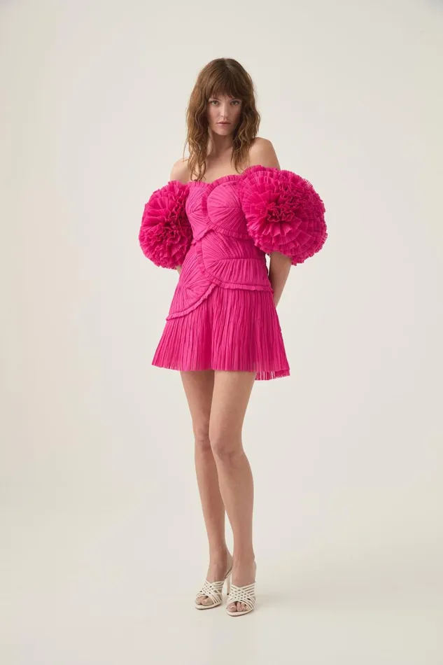 Crystallise Pleated Mini Dress Fuchsia Rose Women Aje Dresses Crystallise Pleated Mini Dress Fuchsia Rose Women Aje Dresses