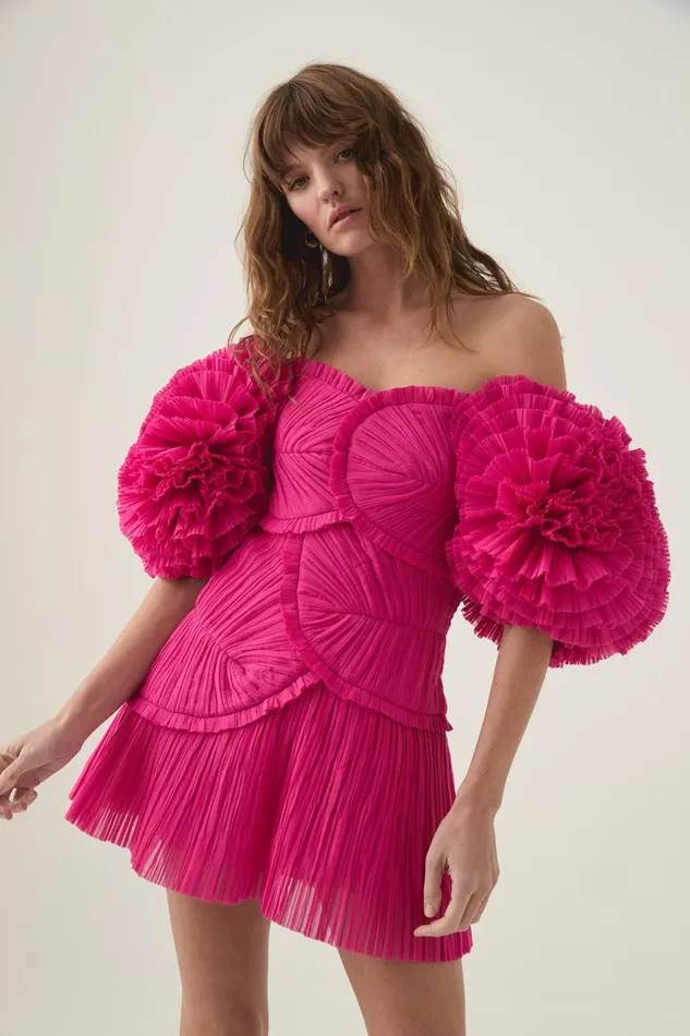 Crystallise Pleated Mini Dress Fuchsia Rose Women Aje Dresses Crystallise Pleated Mini Dress Fuchsia Rose Women Aje Dresses