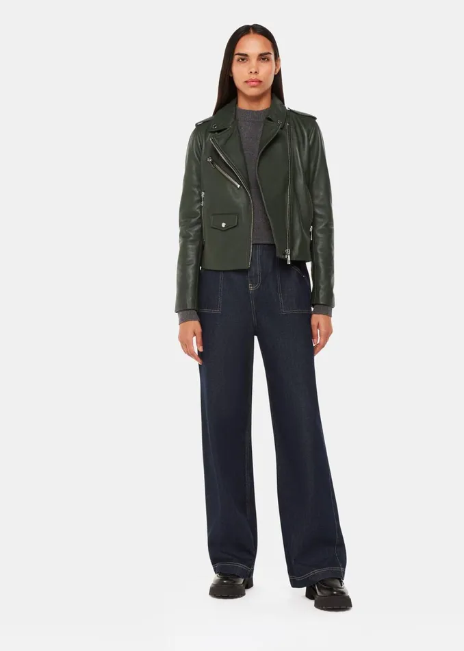Dark Green Agnes Pocket Leather Jacket Women Whistles Coats and Jackets