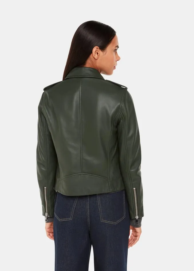 Dark Green Agnes Pocket Leather Jacket Women Whistles Coats and Jackets