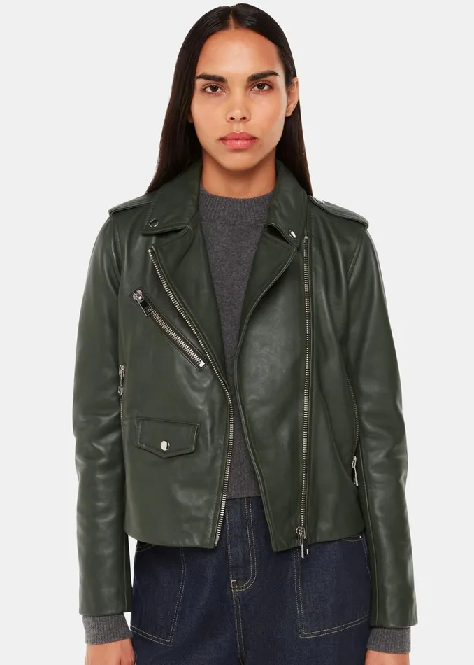 Dark Green Agnes Pocket Leather Jacket Women Whistles Coats and Jackets