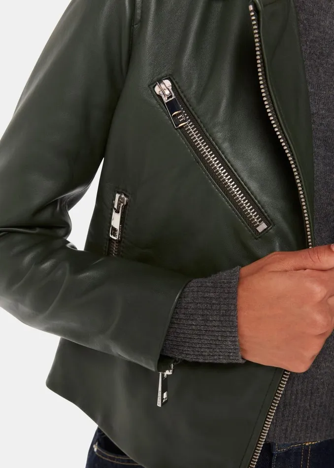 Dark Green Agnes Pocket Leather Jacket Women Whistles Coats and Jackets