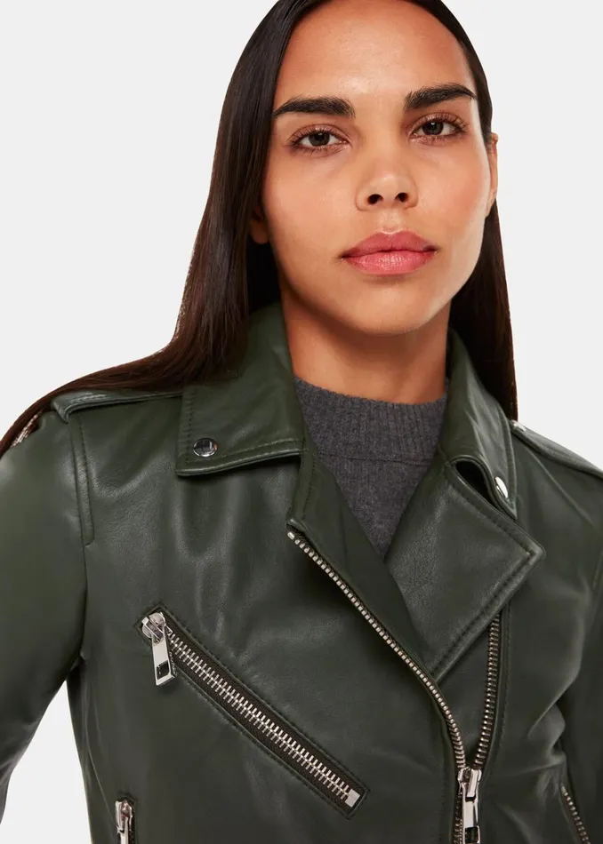 Dark Green Agnes Pocket Leather Jacket Women Whistles Coats and Jackets