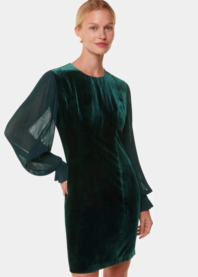 Dark Green Velvet Pleated Sleeve Dress Women Whistles Dresses
