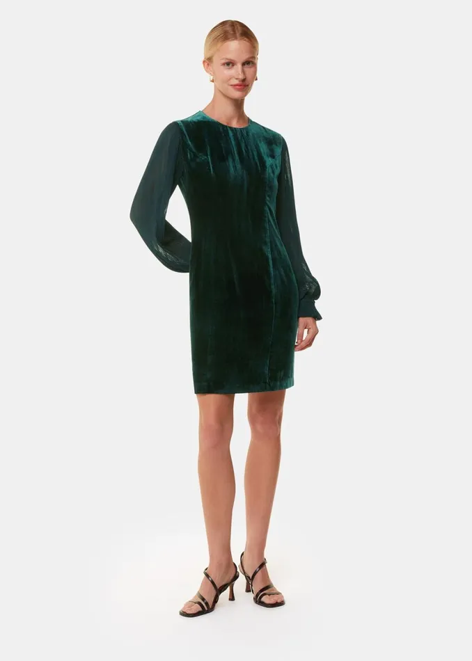 Dark Green Velvet Pleated Sleeve Dress Women Whistles Dresses