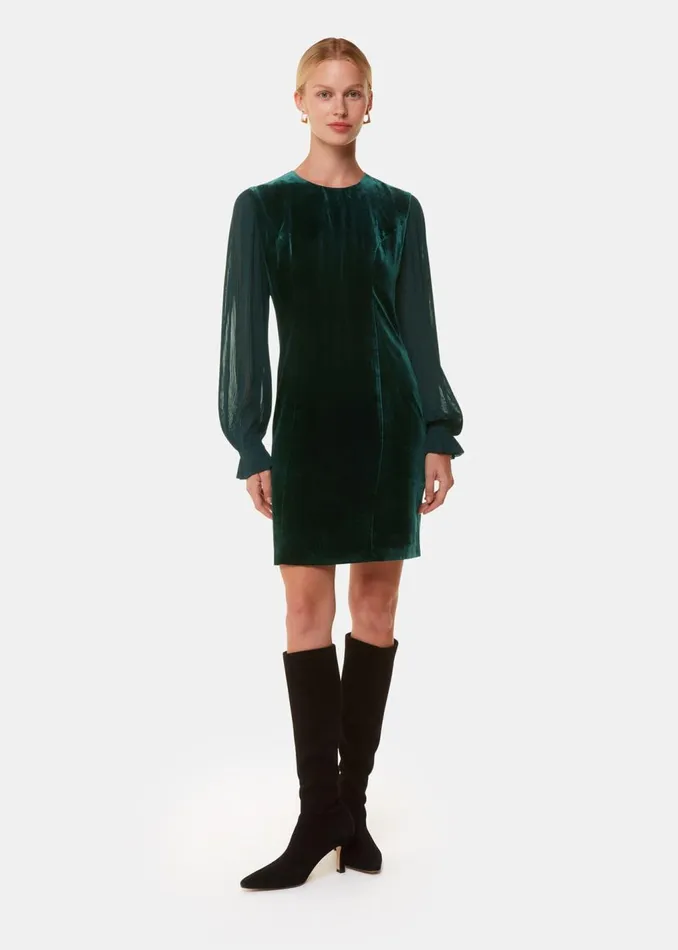 Dark Green Velvet Pleated Sleeve Dress Women Whistles Dresses