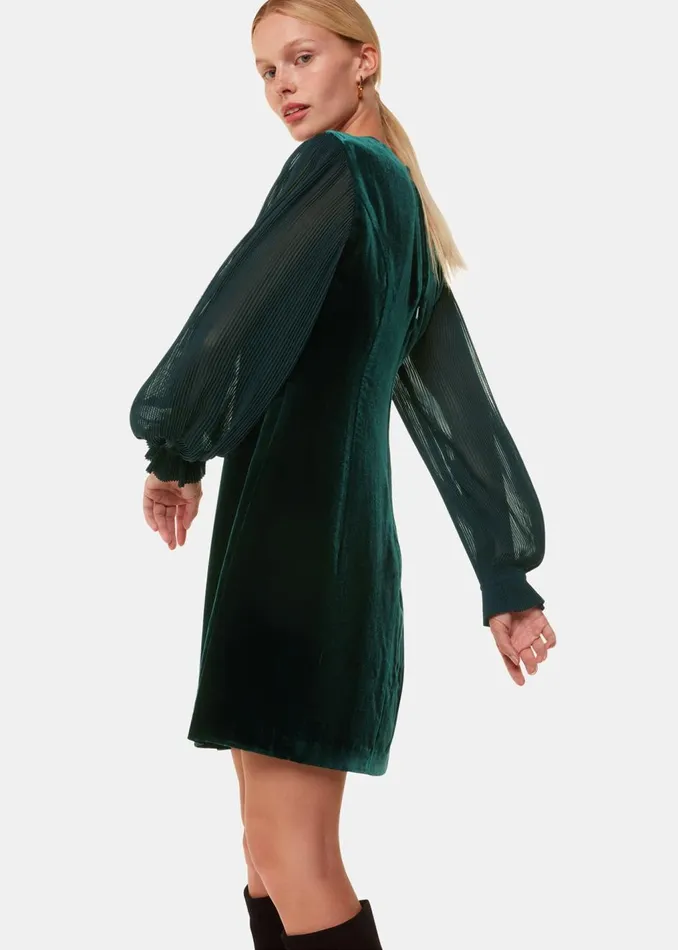 Dark Green Velvet Pleated Sleeve Dress Women Whistles Dresses