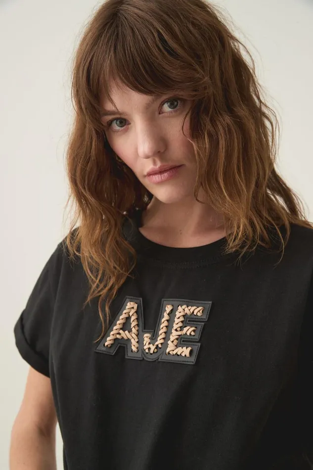 Devotion Braided Logo Tee Blacktaupe Women Aje Tees Devotion Braided Logo Tee Blacktaupe Women Aje Tees