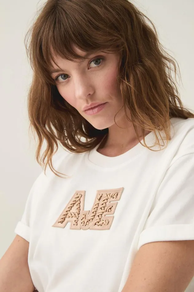 Devotion Braided Logo Tee Whitetaupe Women Aje Tees Devotion Braided Logo Tee Whitetaupe Women Aje Tees