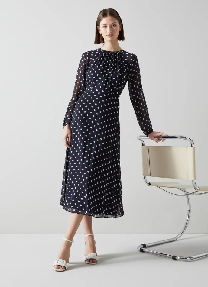 Dresses Women LKBennett Addison Navy And Cream Spot Recycled Polyester Dress Navy Blue