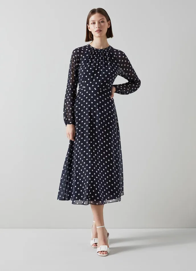 Dresses Women LKBennett Addison Navy And Cream Spot Recycled Polyester Dress Navy Blue