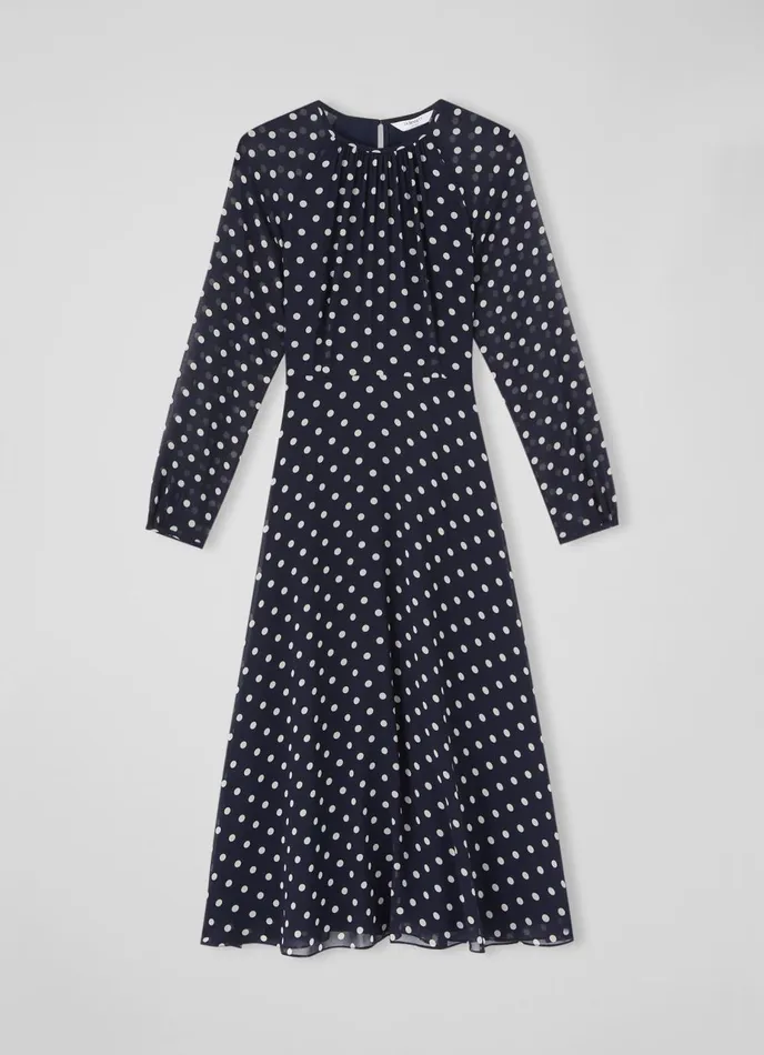Dresses Women LKBennett Addison Navy And Cream Spot Recycled Polyester Dress Navy Blue