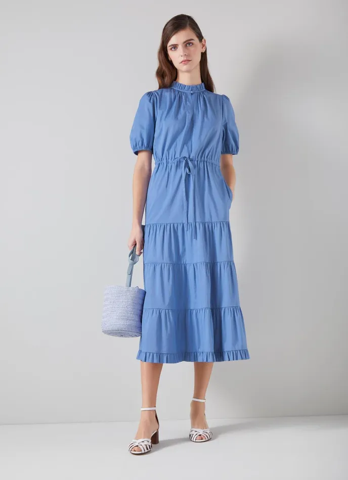 Dresses Women LKBennett Hedy Blue Organic Cotton Tiered Dress Light Blue