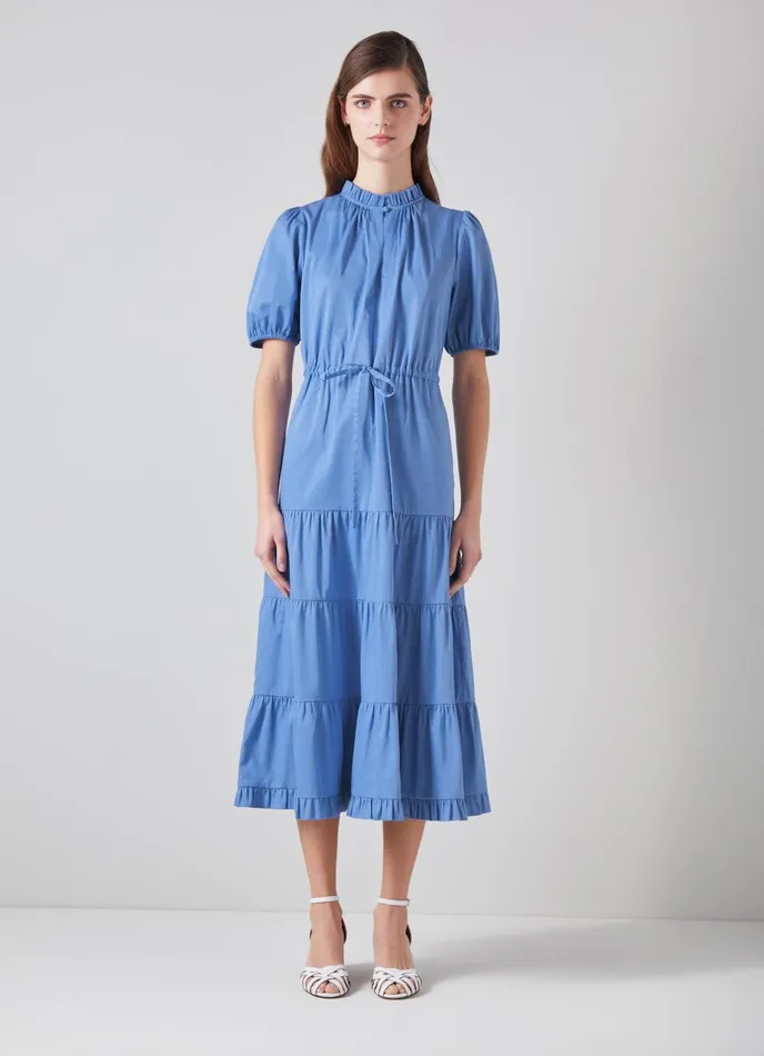 Dresses Women LKBennett Hedy Blue Organic Cotton Tiered Dress Light Blue Dresses Women LKBennett Hedy Blue Organic Cotton Tiered Dress Light Blue
