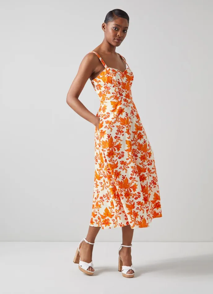 Dresses Women LKBennett Lucy Orange Vine Leaf Print Cotton Sun Dress Orange