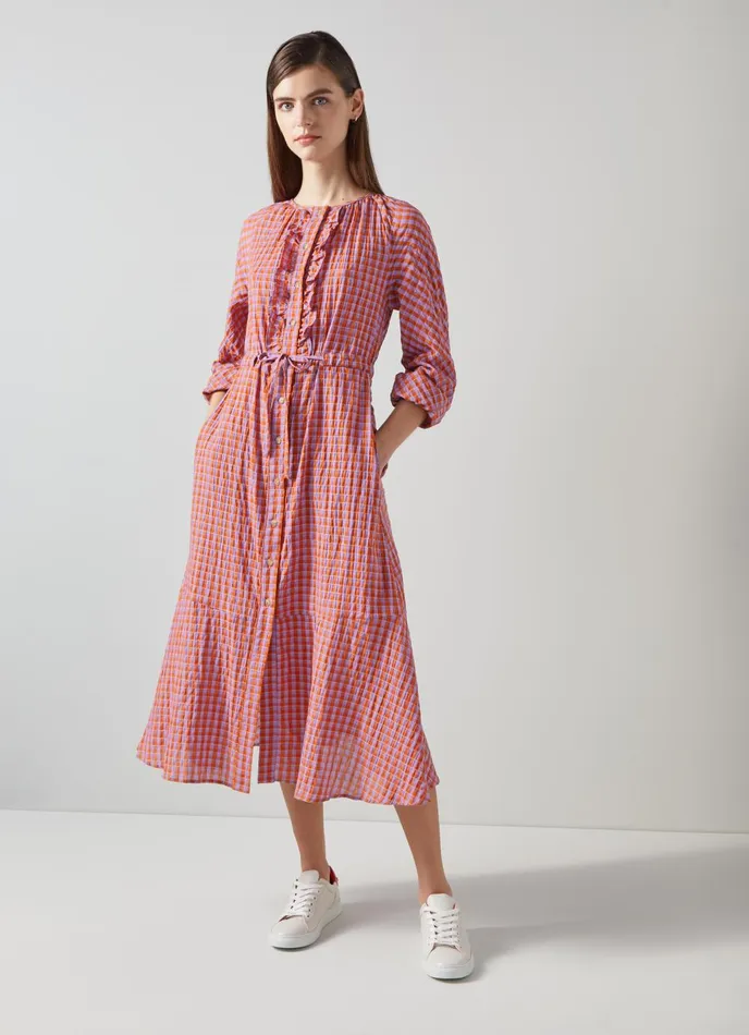 Dresses Women LKBennett Sophie Purple And Orange Gingham CottonBlend Dress Orange